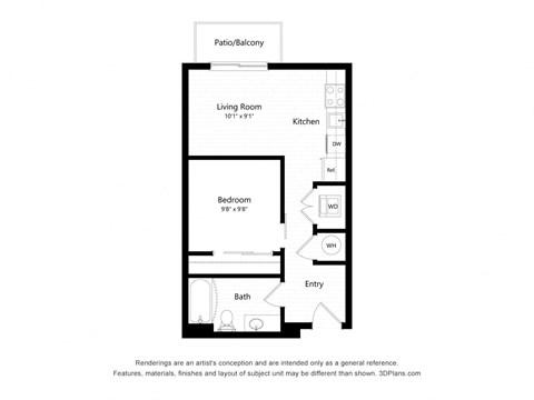 Floor plan for studio, 1 bath, 523 sqft